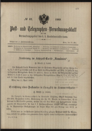 Post- und Telegraphen-Verordnungsblatt für das Verwaltungsgebiet des K.-K. Handelsministeriums 18890528 Seite: 1