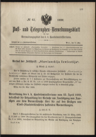 Post- und Telegraphen-Verordnungsblatt für das Verwaltungsgebiet des K.-K. Handelsministeriums 18890530 Seite: 1