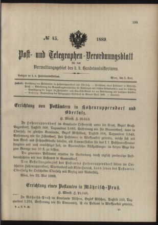 Post- und Telegraphen-Verordnungsblatt für das Verwaltungsgebiet des K.-K. Handelsministeriums 18890608 Seite: 1