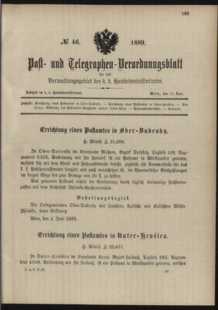 Post- und Telegraphen-Verordnungsblatt für das Verwaltungsgebiet des K.-K. Handelsministeriums 18890615 Seite: 1