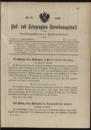 Post- und Telegraphen-Verordnungsblatt für das Verwaltungsgebiet des K.-K. Handelsministeriums 18890618 Seite: 1