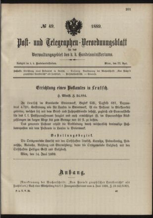 Post- und Telegraphen-Verordnungsblatt für das Verwaltungsgebiet des K.-K. Handelsministeriums 18890622 Seite: 1