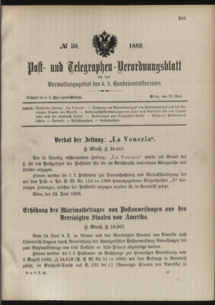 Post- und Telegraphen-Verordnungsblatt für das Verwaltungsgebiet des K.-K. Handelsministeriums 18890630 Seite: 1