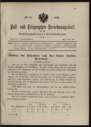 Post- und Telegraphen-Verordnungsblatt für das Verwaltungsgebiet des K.-K. Handelsministeriums 18890702 Seite: 1