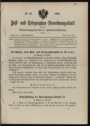 Post- und Telegraphen-Verordnungsblatt für das Verwaltungsgebiet des K.-K. Handelsministeriums 18890706 Seite: 1