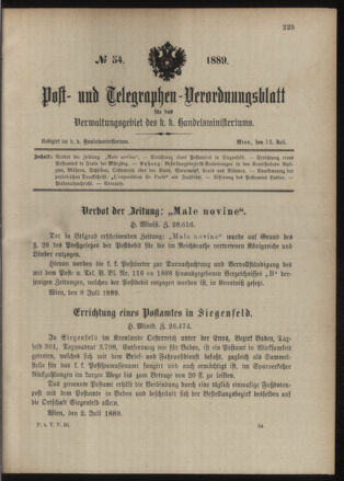 Post- und Telegraphen-Verordnungsblatt für das Verwaltungsgebiet des K.-K. Handelsministeriums 18890712 Seite: 1