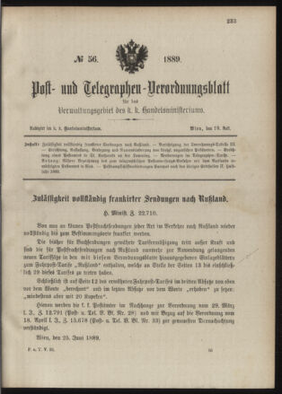 Post- und Telegraphen-Verordnungsblatt für das Verwaltungsgebiet des K.-K. Handelsministeriums 18890719 Seite: 1