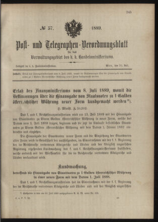 Post- und Telegraphen-Verordnungsblatt für das Verwaltungsgebiet des K.-K. Handelsministeriums 18890720 Seite: 1