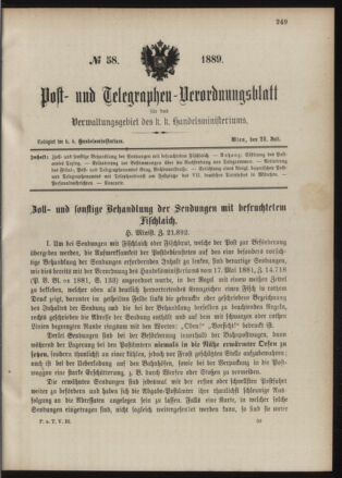 Post- und Telegraphen-Verordnungsblatt für das Verwaltungsgebiet des K.-K. Handelsministeriums 18890725 Seite: 1