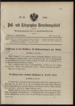 Post- und Telegraphen-Verordnungsblatt für das Verwaltungsgebiet des K.-K. Handelsministeriums 18890726 Seite: 1