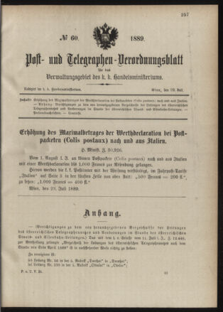 Post- und Telegraphen-Verordnungsblatt für das Verwaltungsgebiet des K.-K. Handelsministeriums 18890729 Seite: 1