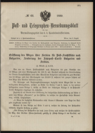 Post- und Telegraphen-Verordnungsblatt für das Verwaltungsgebiet des K.-K. Handelsministeriums 18890805 Seite: 1