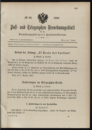 Post- und Telegraphen-Verordnungsblatt für das Verwaltungsgebiet des K.-K. Handelsministeriums 18890807 Seite: 1