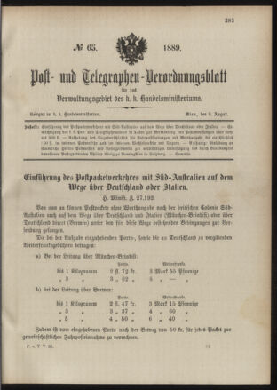 Post- und Telegraphen-Verordnungsblatt für das Verwaltungsgebiet des K.-K. Handelsministeriums 18890809 Seite: 1