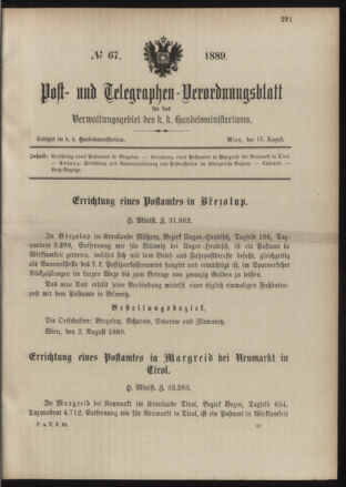 Post- und Telegraphen-Verordnungsblatt für das Verwaltungsgebiet des K.-K. Handelsministeriums 18890815 Seite: 1