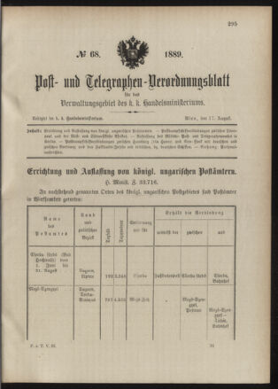 Post- und Telegraphen-Verordnungsblatt für das Verwaltungsgebiet des K.-K. Handelsministeriums 18890817 Seite: 1