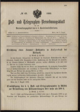 Post- und Telegraphen-Verordnungsblatt für das Verwaltungsgebiet des K.-K. Handelsministeriums 18890822 Seite: 1