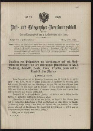 Post- und Telegraphen-Verordnungsblatt für das Verwaltungsgebiet des K.-K. Handelsministeriums 18890827 Seite: 1