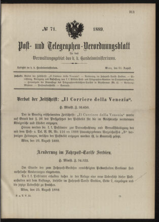 Post- und Telegraphen-Verordnungsblatt für das Verwaltungsgebiet des K.-K. Handelsministeriums 18890830 Seite: 1