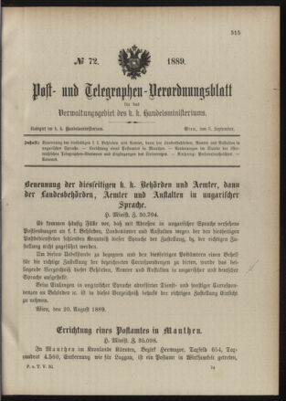 Post- und Telegraphen-Verordnungsblatt für das Verwaltungsgebiet des K.-K. Handelsministeriums 18890903 Seite: 1