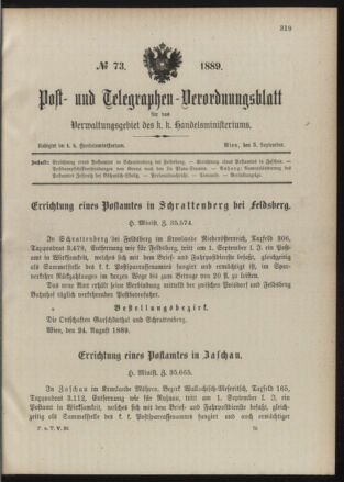 Post- und Telegraphen-Verordnungsblatt für das Verwaltungsgebiet des K.-K. Handelsministeriums 18890905 Seite: 1