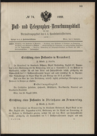 Post- und Telegraphen-Verordnungsblatt für das Verwaltungsgebiet des K.-K. Handelsministeriums 18890909 Seite: 1