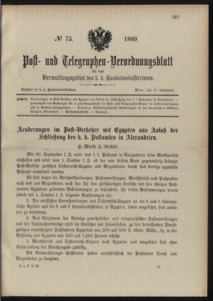 Post- und Telegraphen-Verordnungsblatt für das Verwaltungsgebiet des K.-K. Handelsministeriums 18890912 Seite: 1