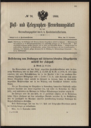 Post- und Telegraphen-Verordnungsblatt für das Verwaltungsgebiet des K.-K. Handelsministeriums 18890914 Seite: 1