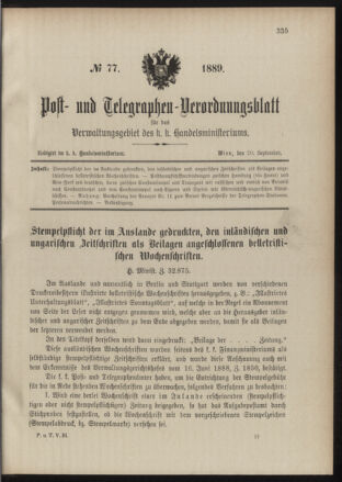 Post- und Telegraphen-Verordnungsblatt für das Verwaltungsgebiet des K.-K. Handelsministeriums 18890920 Seite: 1