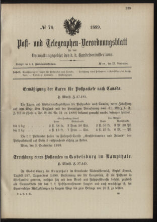 Post- und Telegraphen-Verordnungsblatt für das Verwaltungsgebiet des K.-K. Handelsministeriums 18890922 Seite: 1