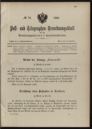 Post- und Telegraphen-Verordnungsblatt für das Verwaltungsgebiet des K.-K. Handelsministeriums 18890926 Seite: 1