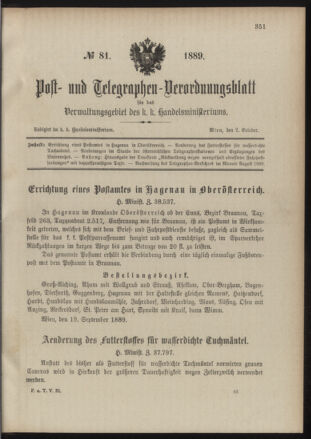 Post- und Telegraphen-Verordnungsblatt für das Verwaltungsgebiet des K.-K. Handelsministeriums 18891002 Seite: 1