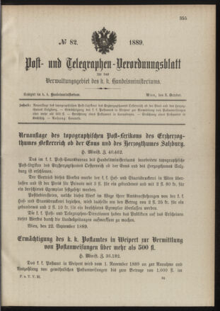 Post- und Telegraphen-Verordnungsblatt für das Verwaltungsgebiet des K.-K. Handelsministeriums 18891005 Seite: 1