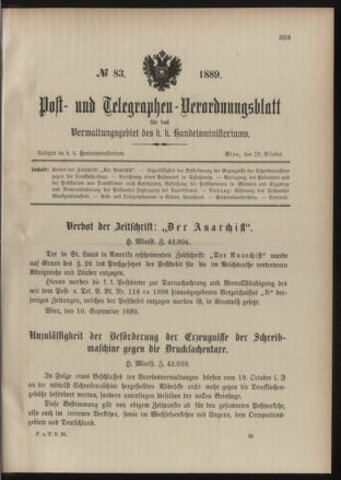 Post- und Telegraphen-Verordnungsblatt für das Verwaltungsgebiet des K.-K. Handelsministeriums 18891012 Seite: 1