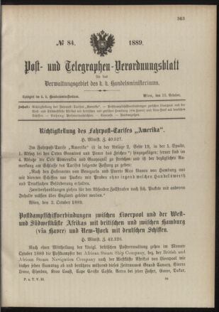 Post- und Telegraphen-Verordnungsblatt für das Verwaltungsgebiet des K.-K. Handelsministeriums 18891018 Seite: 1