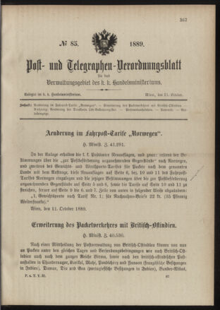 Post- und Telegraphen-Verordnungsblatt für das Verwaltungsgebiet des K.-K. Handelsministeriums 18891021 Seite: 1