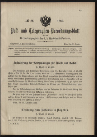 Post- und Telegraphen-Verordnungsblatt für das Verwaltungsgebiet des K.-K. Handelsministeriums 18891026 Seite: 1