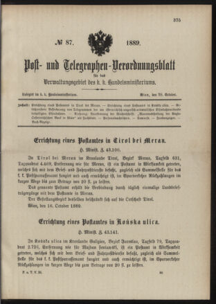 Post- und Telegraphen-Verordnungsblatt für das Verwaltungsgebiet des K.-K. Handelsministeriums 18891028 Seite: 1