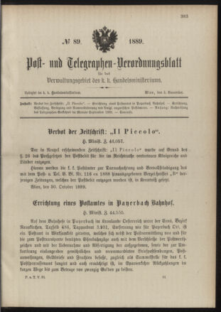 Post- und Telegraphen-Verordnungsblatt für das Verwaltungsgebiet des K.-K. Handelsministeriums 18891104 Seite: 1