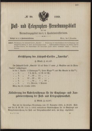 Post- und Telegraphen-Verordnungsblatt für das Verwaltungsgebiet des K.-K. Handelsministeriums 18891108 Seite: 1