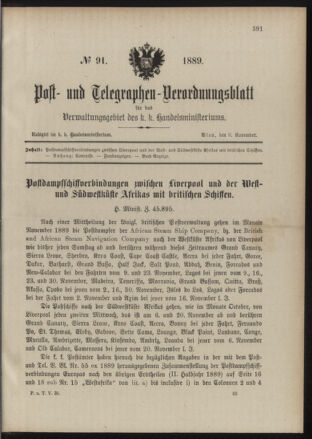 Post- und Telegraphen-Verordnungsblatt für das Verwaltungsgebiet des K.-K. Handelsministeriums 18891109 Seite: 1