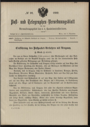 Post- und Telegraphen-Verordnungsblatt für das Verwaltungsgebiet des K.-K. Handelsministeriums 18891110 Seite: 1