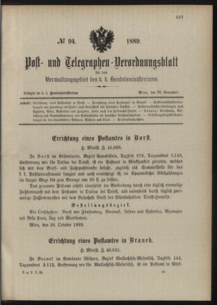 Post- und Telegraphen-Verordnungsblatt für das Verwaltungsgebiet des K.-K. Handelsministeriums 18891120 Seite: 1