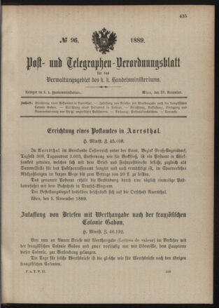 Post- und Telegraphen-Verordnungsblatt für das Verwaltungsgebiet des K.-K. Handelsministeriums 18891126 Seite: 1