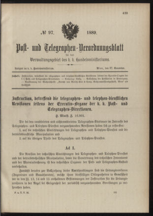 Post- und Telegraphen-Verordnungsblatt für das Verwaltungsgebiet des K.-K. Handelsministeriums 18891127 Seite: 1