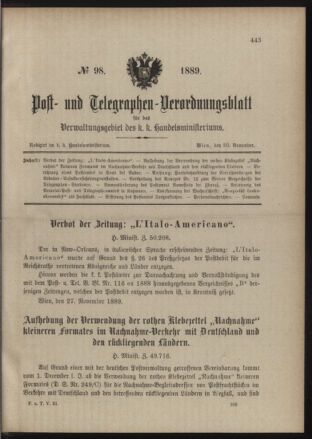 Post- und Telegraphen-Verordnungsblatt für das Verwaltungsgebiet des K.-K. Handelsministeriums 18891130 Seite: 1