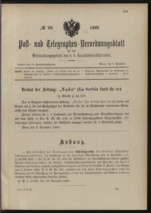 Post- und Telegraphen-Verordnungsblatt für das Verwaltungsgebiet des K.-K. Handelsministeriums 18891206 Seite: 1