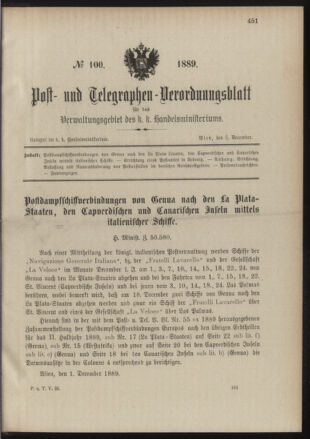 Post- und Telegraphen-Verordnungsblatt für das Verwaltungsgebiet des K.-K. Handelsministeriums 18891208 Seite: 1