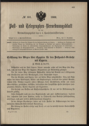 Post- und Telegraphen-Verordnungsblatt für das Verwaltungsgebiet des K.-K. Handelsministeriums 18891210 Seite: 1