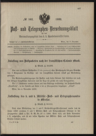 Post- und Telegraphen-Verordnungsblatt für das Verwaltungsgebiet des K.-K. Handelsministeriums 18891216 Seite: 1